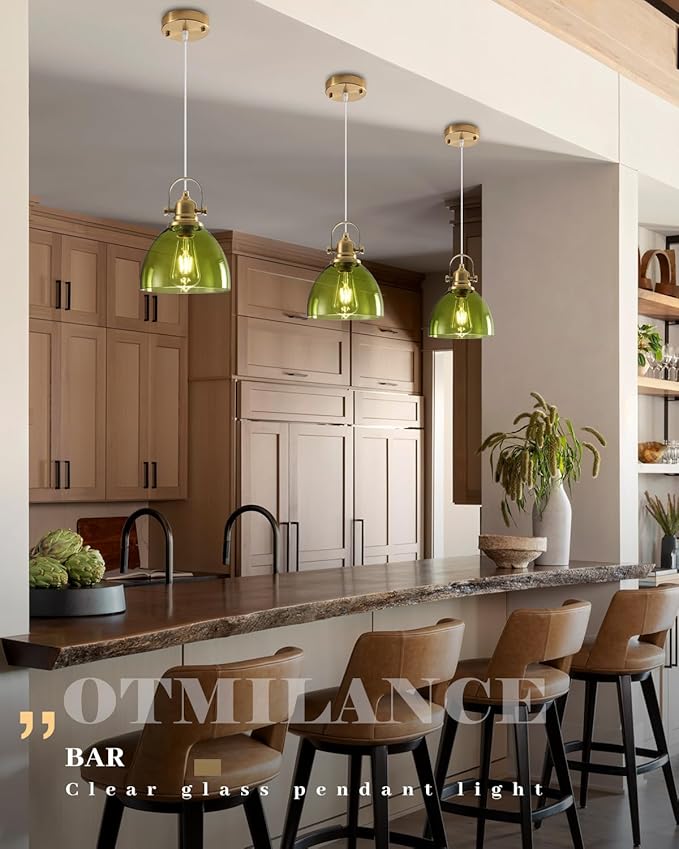 Farmhouse Pendant Lights Kitchen Island, 7.5 inch Green Glass Pendant Lights, Vintage Clear Pendant Light Fixtures 2-Pack, Modern Hanging Pendant Light for Kitchen Island, Bedroom, Bathroom
