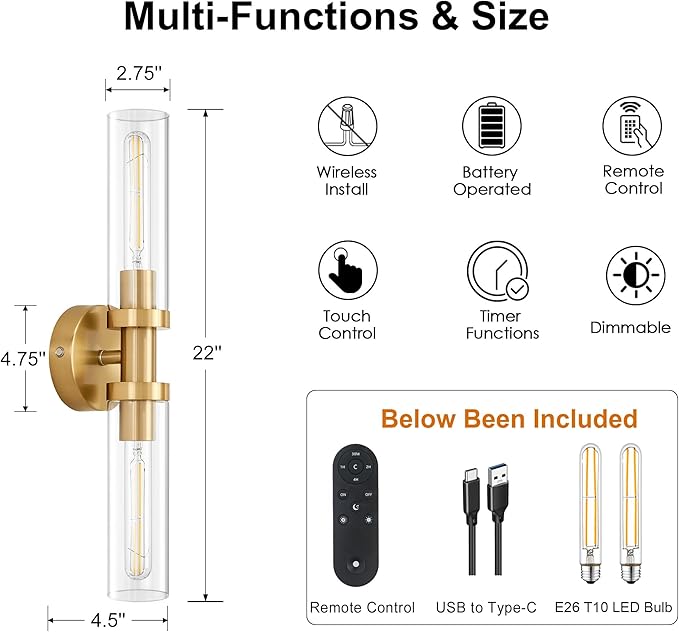 SANTOSTOCK Gold Battery Operated Wall Sconce Set of 2, 12000mAh Rechargeable Wall Lights with Remote Control, Wireless Dimmable Wall Lamps for Bedroom Living Room Bathroom Hallway Stairwell