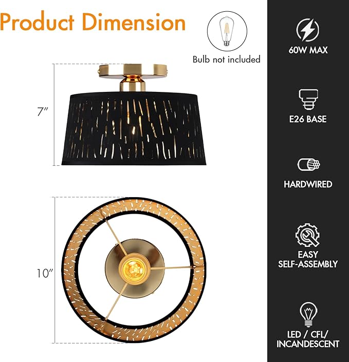 Modern Ceiling Light Fixture 2 Pack, 10 Inch Semi Flush Mount Lamp with Black Cut-Out Linen Shade, E26 Base, Gold for Kitchen Bedroom Hallway Closet Entryway Room Small Spaces