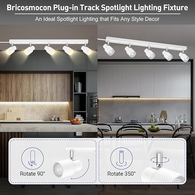 Track Lighting Plug in, 30" LED Track Light Fixtures Ceiling, White 5 Way Spotlight, Rotatable Head, Plug Wall Lights with 14.8FT Cord, Ceiling Lighting for Kitchen Hallway Bar(GU10, NO Bulb)