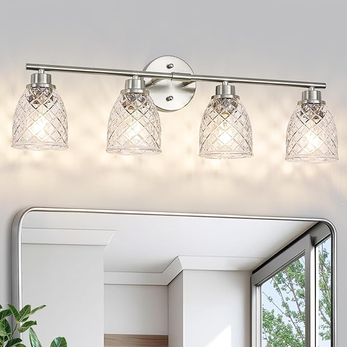 4-Light Bathroom Light Fixtures, Modern Brushed Nickel Vanity Light Over Mirror, Wall Sconce with Clear Hammered Glass Shades, E26 Base (Bulbs Not Included)