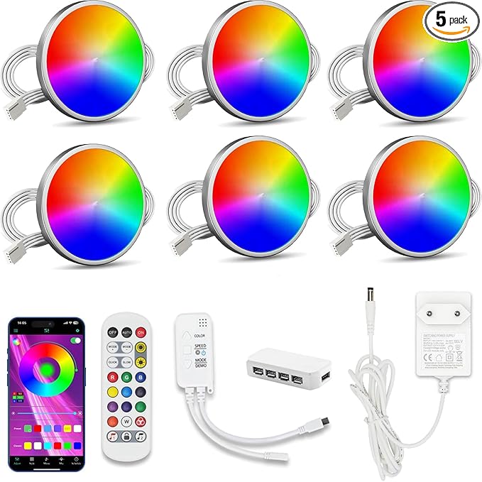 Cefrank RGB LED Puck Lights with Remote & App Control, Color Changing Under Cabinet Lighting with Music Sync, Dimmable Multi-Color Disc Lights for Backlight, Shelf, Showcase (6 Pack)