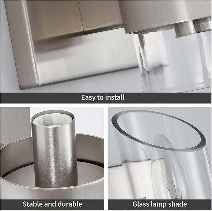 WUZUPS Set of 2 1-Light Bathroom Wall Light Fixture Over Mirror Class Shade Morden Vanity Scones for Bathroom Bedroom Living Room, E12 Base, Brushed Nickel