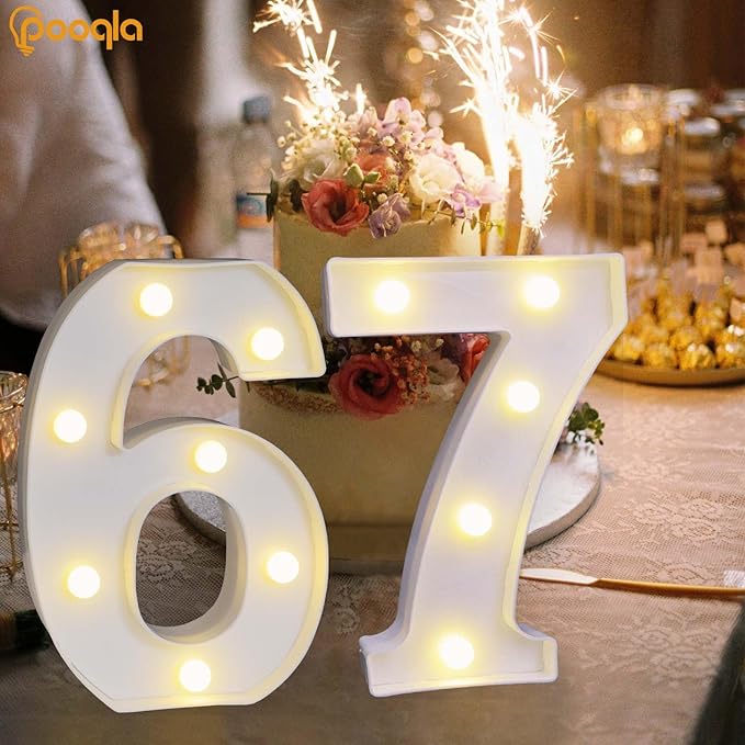 Pooqla Decorative LED Light Up Number Letters, White Plastic Marquee Number Lights Sign for 67th Birthday Party Wedding Decor, Battery Operated