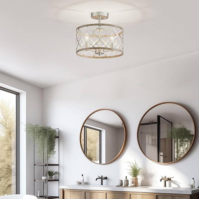 WUZUPS Chandelier 3-Light Vintage Farmhouse Semi-Flush Mount Ceiling Light Lighting Fixture for Foyer Bedroom Hallway Storage Room Kitchen Bathroom, H 9.8" x W 12.4", E12 Base, Nickel & Wood Imitaion