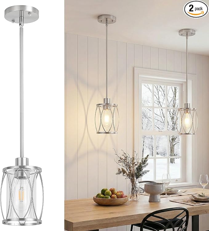 Glass Pendant Lights Kitchen Island Brushed Nickel Pendant Light Fixtures Adjustable Modern Mini Hanging Light with Clear Glass for Sink Dining Room Foyer Entryway Bar, 2 Pack