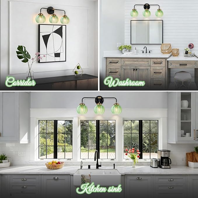 Bathroom Light Fixtures Vanity Wall 3-Light Coastal Vanity Lights Emerald Green Vintage Wall Lamp with Glass Globe Shade Modern Glass Wall Vanity Lighting for Mirror Kitchen Cabinet