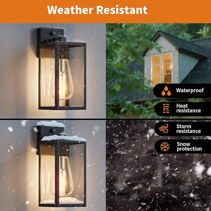 2 Pack 13‘’ Dusk to Dawn Outdoor Wall Light Fixture, Large Front Porch Lights for House, Exterior Wall Sconce, Black Waterproof Lantern Lamp,Outside Coach Light for Garage Entryway Yard