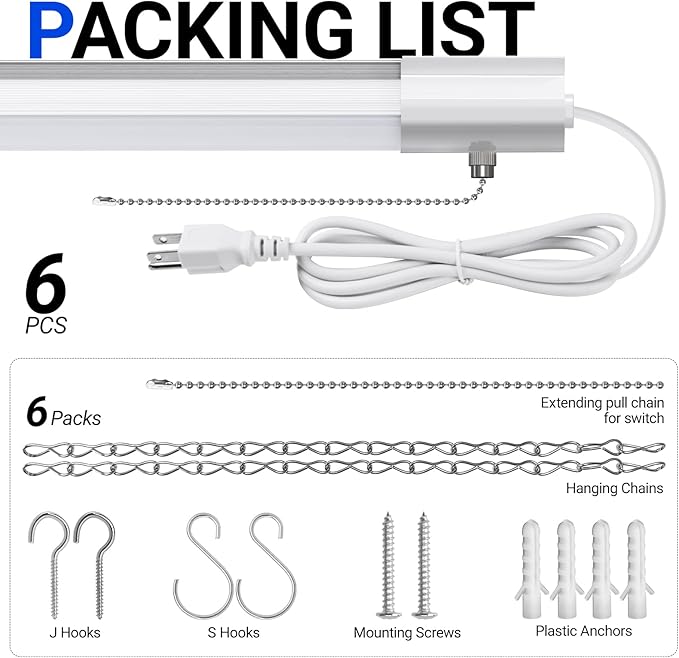 Barrina BS84 LED Shop Lights for Workshop 4FT, 84W, 10000LM, 5000K Linkable Light Fixture for Garage, Basement, Hanging or Flush Mount, 6 Packs, White