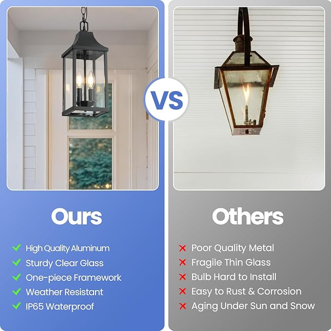 Outdoor Pendant Light Fixtures, 16'' Exterior Hanging Lantern Porch Light, Black Adjustable Hanging Lamp Farmhouse Exterior Chandelier Ceiling Mount for Entrance Patio