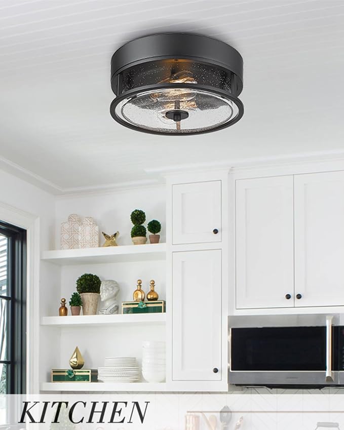Black Flush Mount Ceiling Light, HWH Industrial Close to Ceiling Light Fixture with Seeded Glass Shade, 12'' Light Fixture Ceiling for Hallway, Farmhouse, Foyer, Laundry, Matte Black, 5HWY65F BK