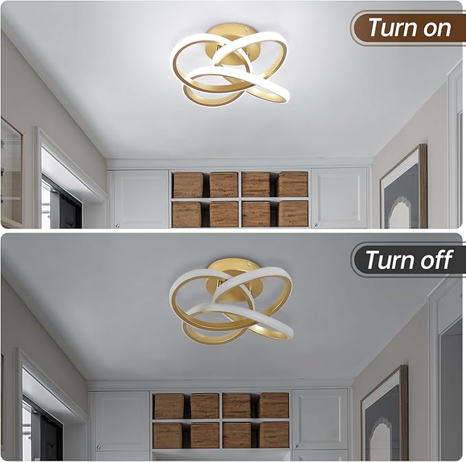 CANEOE Gold Led Hallway Light, 6000K Modern Led Ceiling Light Fixture, Small Close to Ceiling Lamp for Hallway Corridor Closet Bedroom Bathroom Kitchen Stair Curved Design