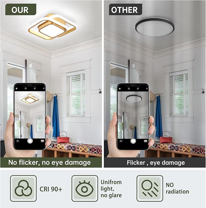 CANEOE Gold Modern Ceiling Light,Small Square Hallway Ceiling Lamp Cool White 6000K Ceiling Lighting Fixtures for Hallway Bedroom Kitchen Living Room Laundry Room Corridor Ceiling Lights