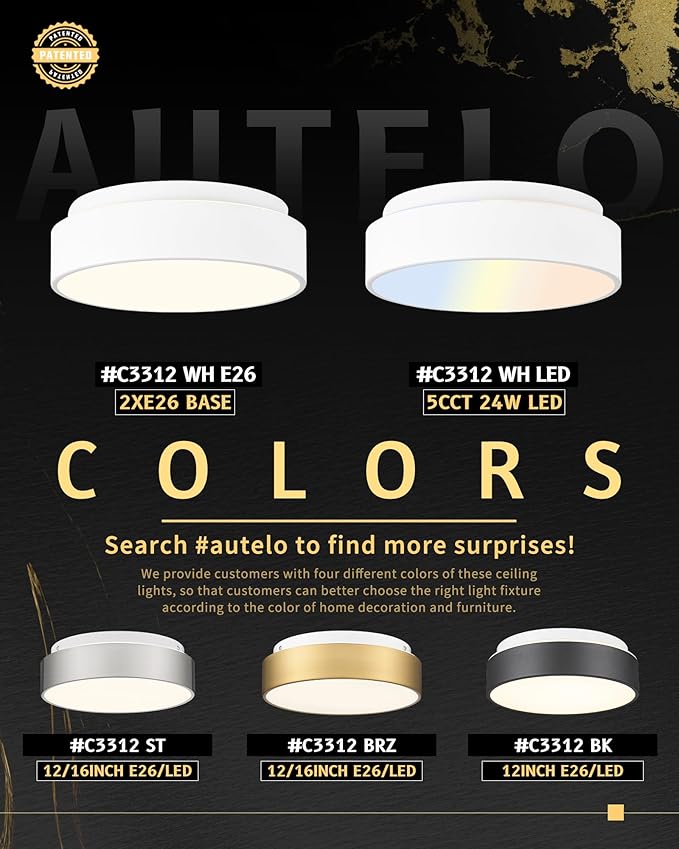 AUTELO 12" Ceiling Light, Modern Flush Mount Ceiling Light with Frosted Glass in Matte White Finish, White Light Fixtures Ceiling Mount for Bedroom, C3312 WH E26