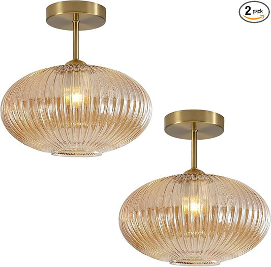 BOKT Amber Glass Flush Mount Ceiling Light Schoolhouse Style Close to Ceiling Lights Set of Two Antique Brass Flush Mount Kitchen Lighting Gold Hallway Ribbed Glass Ceiling Lights