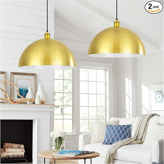 Gold Pendant Light, 16" Farmhouse Ceiling Light with Gold and White, Elegant Semi-Circular Shade Design, Adjustable Height Industrial Dome Pendant Lights for Kitchen Island, Dining Room