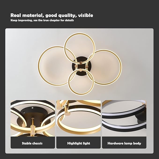 Ganeed Dimmable LED Ceiling Light Modern 4 Rings Ceiling Lamp with Remote Control,60W Gold Flush Mount Ceiling Lights for Living Room, Bedroom, Kitchen, Corridor, Dining Room,Office 3 Color
