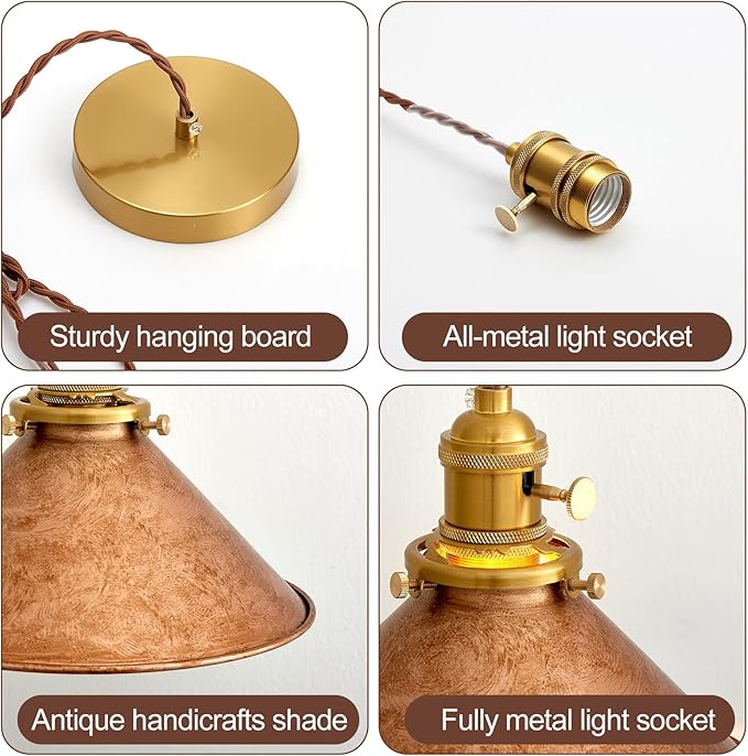 Hanging Pendant Light Rusted Copper Lampshade with Adjustable 6.5Ft Cord Pendant Ceiling Lights Retro Antique Hanging Light for Kitchen Island Living Room and Dining Room
