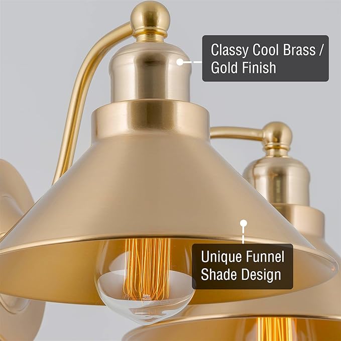 Kira Home Welton 19" 2-Light Modern Farmhouse Gold Vanity Light with Dual Funnel Shades, Industrial Gold Wall Sconce Bathroom Light, Cool Brass Finish