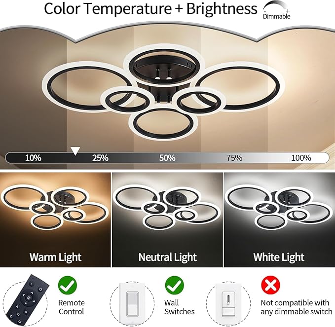 Shine LUEST 6 Rings Black Modern LED Ceiling Light Fixture, Flush Mount Ceiling Light with Remote Dimmable Brightness, Adjustable 3000-6000K Color Temperature, Timer for Living Room, Bedroom