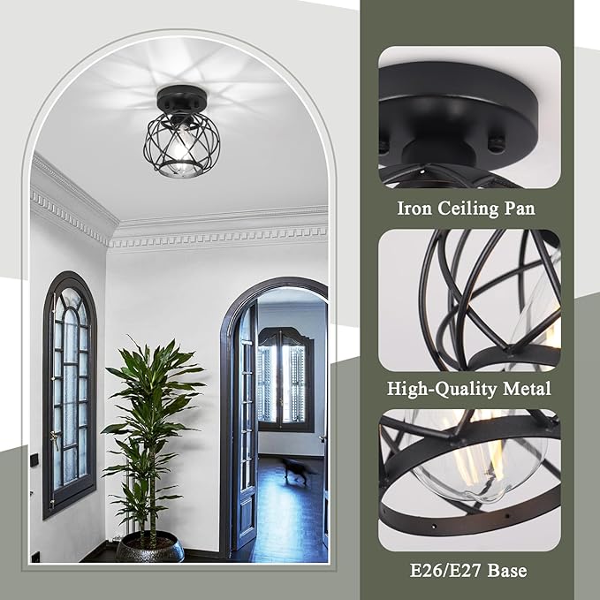 Hallway Light Fixtures Ceiling,Semi Flush Mount Ceiling Lights Fixtures Black Metal Cage Indoor Industrial Ceiling Lights Modern Crystal Ceiling Light Fixture for Porch Entryway Foyer Bathroom