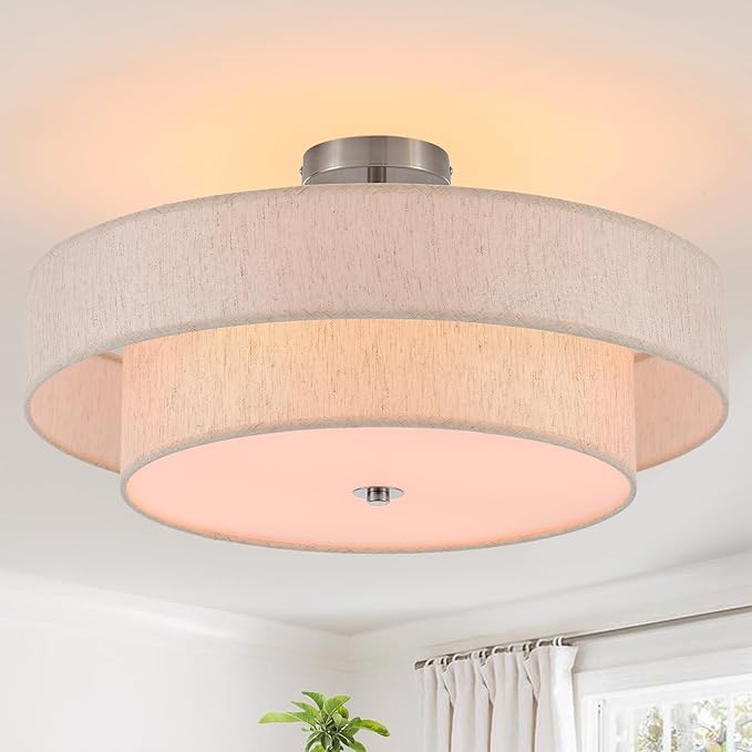 21.7" Modern Semi Flush Mount Ceiling Light 4-Lights Linen Drum Ceiling Lighting with Chrome Finish, Vintage Ceiling Light Fixture for Laundry Room, Kitchen, Living Room, Dining Room, Bedroo