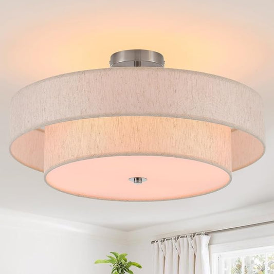 21.7" Modern Semi Flush Mount Ceiling Light 4-Lights Linen Drum Ceiling Lighting with Chrome Finish, Vintage Ceiling Light Fixture for Laundry Room, Kitchen, Living Room, Dining Room, Bedroo
