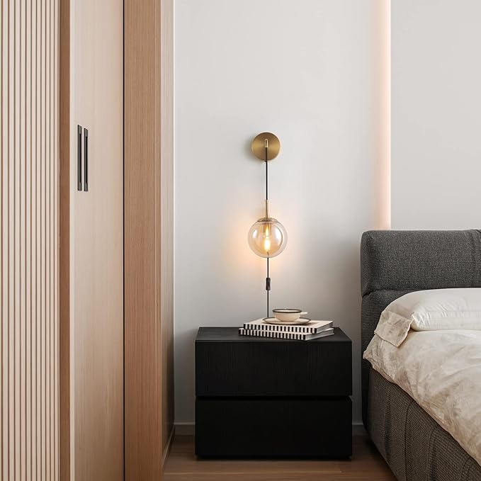 KUZZULL Wall Sconces Set of Two Plug in Wall Sconces with Globe Amber Glass Shade Wall Lamp with Cord Wall Sconce Plug in Brushed Brass Gold Sconces Set of 2 Wall Light Sconce