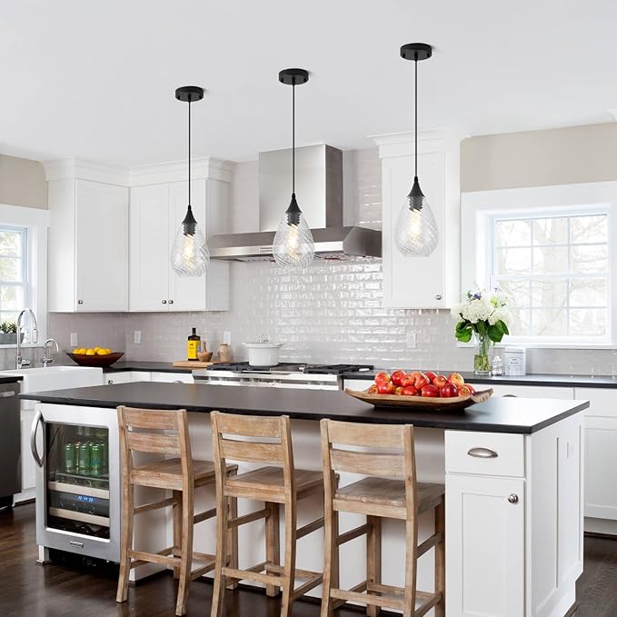 Black Pendant Lights Kitchen Island with Hand-Blown Clear Glass, 1-Light Modern Glass Pendant Light Fixtures, Island Hanging Light for Kitchen Sink Bedroom Dining Room Hallway, E26