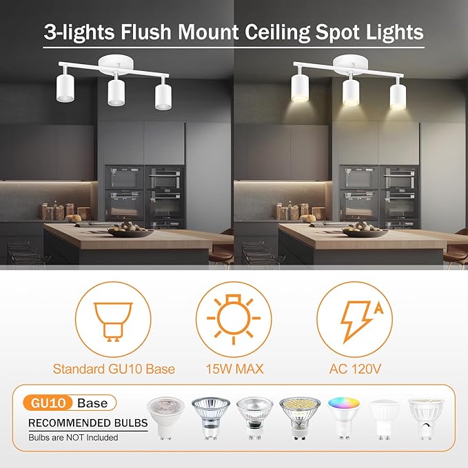White Track Lighting, 3 Light Track Lighting Kit, White 3 Way Modern Ceiling Spotlight, Flexibly Rotatable Light Head, Industrial LED Track Light Kit for Kitchen Cabinet Gallery Bar Living Room