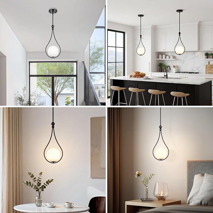 Black Pendant Lights with Milky White Globe Glass Pendant Lights Kitchen Island Adjustable Mid Century Hanging Pendant Light Fixtures for Kitchen Dining Room Entryway, 1 Pack