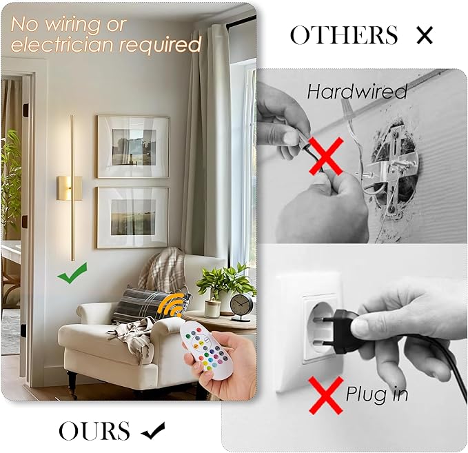 KARTOOSH 28.3 Inch 9 RGB Color Battery Operated Wireless Wall Sconces Set of Two, with Remote, Dimmable, Warm/Natural White/Daylight, Rotatable, LED Wall Light for Living Room, Bedroom, Gold