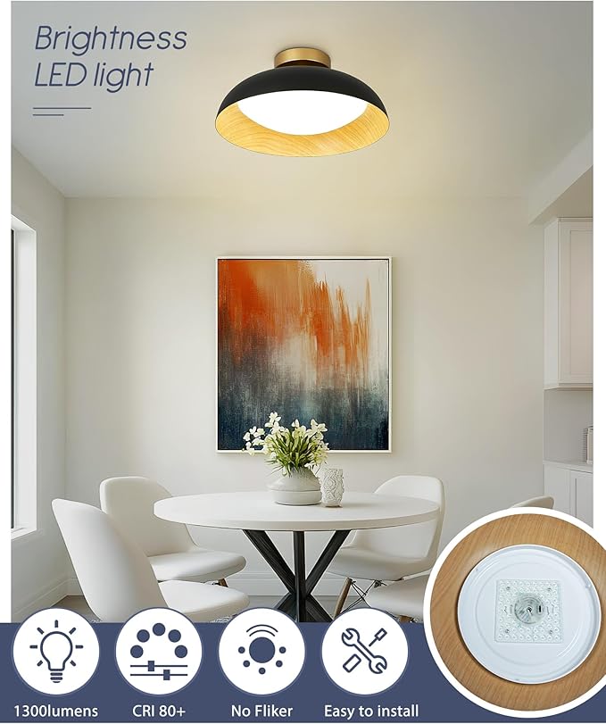 Kudos 15-Inch Flush Mount Ceiling Light with Painted Wood-Grain and Black Finish, 24W/1300lm for Kitchen, Bedroom, Hallway, 5CCT