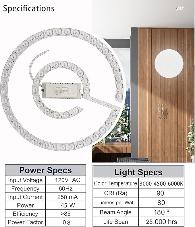 45W LED Close to Ceiling Flush Mount Fan Fandelier Retrofit Light Kit Replacement Engine Panel Board Light Bulb, 3CCT 3000K/4500K/6000K (45W)