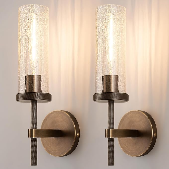 15" Knurled Brass Wall Sconces Set of 2, Bronze Bathroom Vanity Light Fixtures with Crackle Glass Tube, Modern Lamp Lighting for Bedroom, Living Room, Hallway, Staircase, Mirror, Kitchen