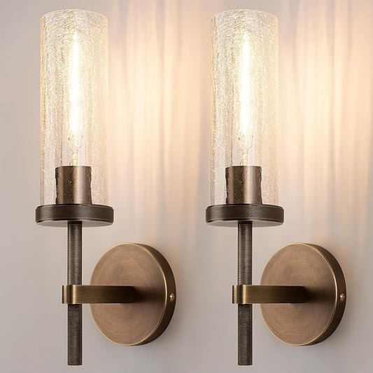 15" Knurled Brass Wall Sconces Set of 2, Bronze Bathroom Vanity Light Fixtures with Crackle Glass Tube, Modern Lamp Lighting for Bedroom, Living Room, Hallway, Staircase, Mirror, Kitchen