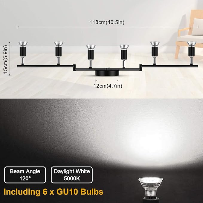 Ascher 6-Light LED Track Lighting Kit, Flexibly Rotatable Light Heads, 6 Way Ceiling Spotlight Black Finish, Including 6 GU10 LED Bulbs (4W 400LM Daylight White 5000K)