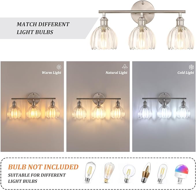 Shenmoyl Bathroom Light Fixtures, 3-Light Vanity wall Light Over Mirror with Clear Tulip Glass Shade for Bedroom Living Room (Bulb Not Included), Satin Nickel
