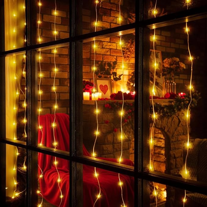 195 LED Curtain String Lights,6.5 x 5 ft Battery Operated USB Powered light with 8 Modes Dimmable Timer,Copper Tapestry Twinkle Fairy Lights for Christmas Bedroom Backdrop Wedding Indoor Outdoor Decor