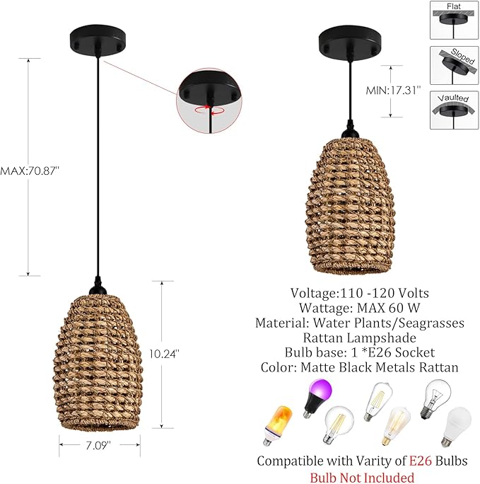 Mini Rattan Pendant Light Fixtures,7.09" Boho Pendant Light,3-Pack Hand Woven Seagrass Rattan Chandelier for Dining Living Bedroom Kitchen Farmhouse