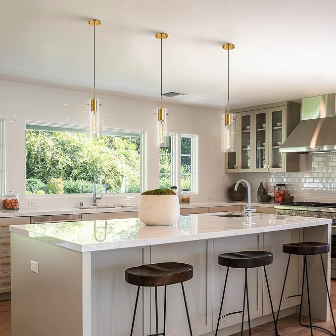 Gold Pendant Light Fixtures, 3 Pack Modern Pendant Lighting with Clear Striped Glass Shade, Hanging Pendant Lights Kitchen Island, Farmhouse Pendant Lighting for Dining Room Bedroom Bathroom