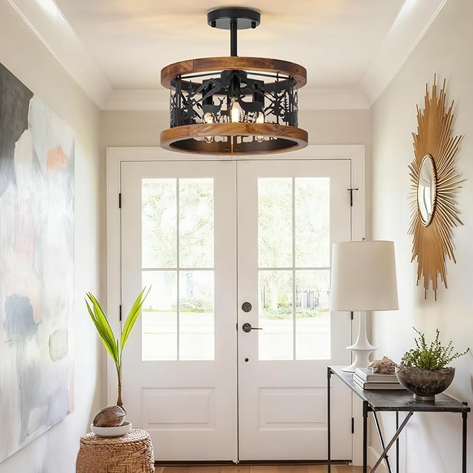 Farmhouse Rustic Ceiling Light Fixtures - Deer Bear Design, 3-Light Round E12 Base Black Metal Brown Wood Fixture Ideal for Kitchen, Living Room,Foyer, Bedroom, Hallway, and Rustic Style