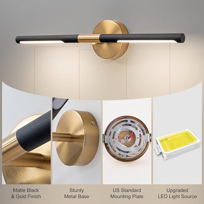 Modern Bathroom Light Fixtures Over Mirror 24 Inch, 18W 360° Rotatable Dimmable 4000K Led Vanity Light Bar, Black and Gold Bathroom Vanity Lights Above Mirror