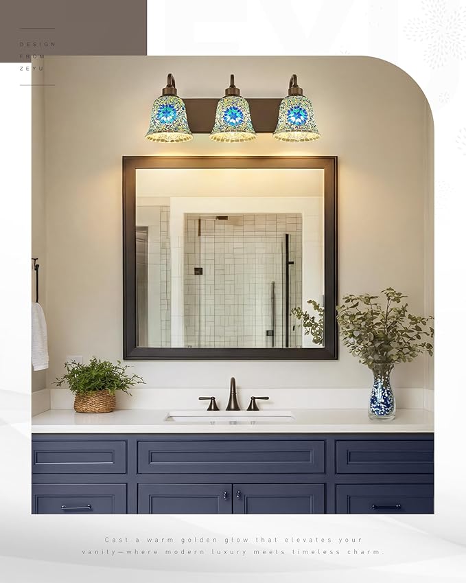 zeyu Bathroom Light Fixtures, 3-Light Bathroom Vanity Light, 22 Inch Modern Wall Sconces with Blue Mosaic Glass, Oil Rubbed Bronze Finish, ZSL72B-3W ORB-BL