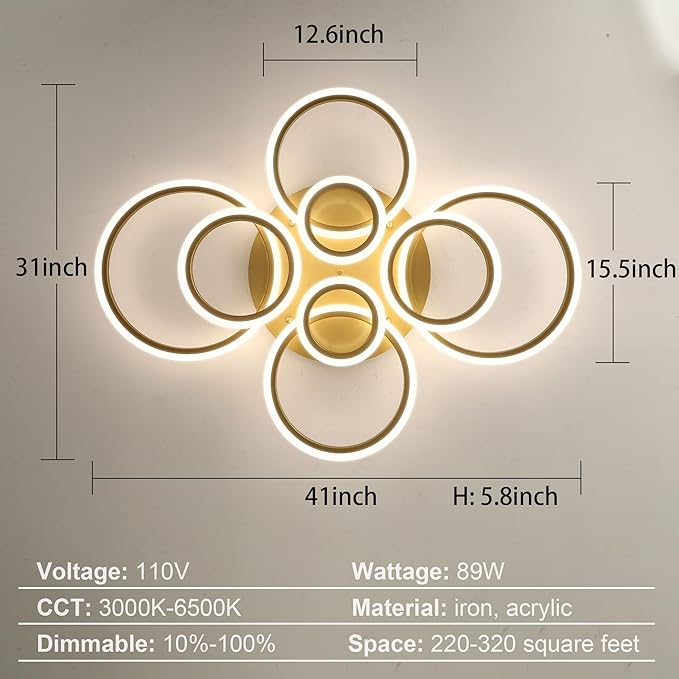Modern LED Ceiling Light 41inch with Remote Dimmable 8 Ring Flush Mount Ceiling Light Fixture for Living Room Bedroom Kitchen Dining Room (Gold)