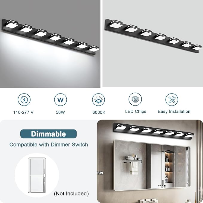 LED Modern Bathroom Vanity Light Fixtures, 7-Light 48-inch Dimmable Matte Black Vanity Lights for Bathroom Lighting Fixtures Over Mirror, with 360° Rotatable Acrylic Heads (Cool White 6000K)