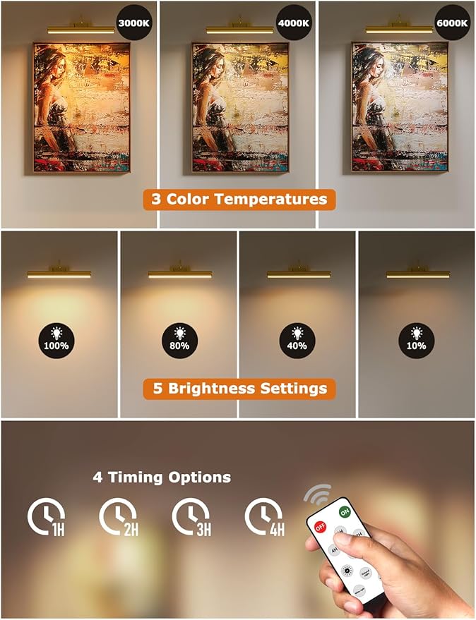 16in Wireless Picture Light with Remote, Battery Operated Picture Lights for Wall 5000mAh, 3 Color Modes and Dimmable LED Art Lighting with Timer for Painting, Frame, Gallery, Bedroom (Gold-2Pack)