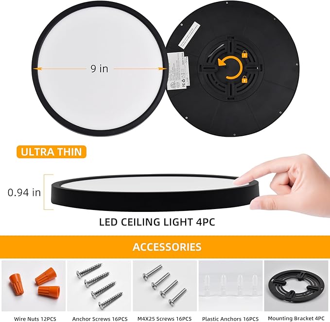 Hlite 4pack 9 Inch Flush Mount LED Ceiling Light Fixture,18W 1800LM Super Slim Light Fixtures Ceiling Mount 3000K/4000K/5000K 3CCT Selectable,Light Fixtures for Kitchen,Bedroom (Black)