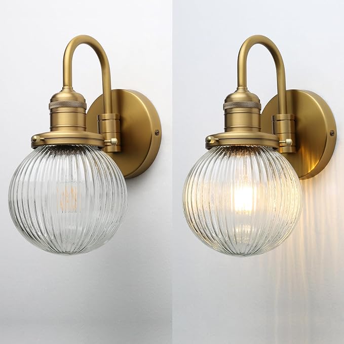 Industrial Vintage 1-Light Wall Sconce with 5.9" Round Ribbed Clear Glass Globe Lampshade, U-Shaped Indoor Wall Mounted Lamp Fixture for Bedroom Living Room Bathroom Vanity
