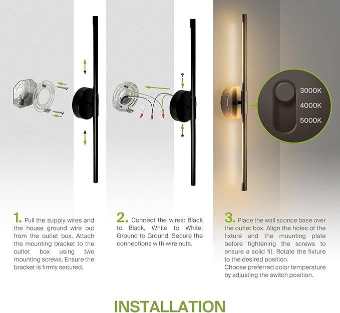 ASD LED 24" Linear Tube Wall Sconce, Modern Bathroom Light Bar | 3CCT, Dual 360° Rotatable, Dimmable, ETL Listed | 8W 666LM 3000-5000K 100-277V | Bedroom, Hallway Vanity Lighting | Black